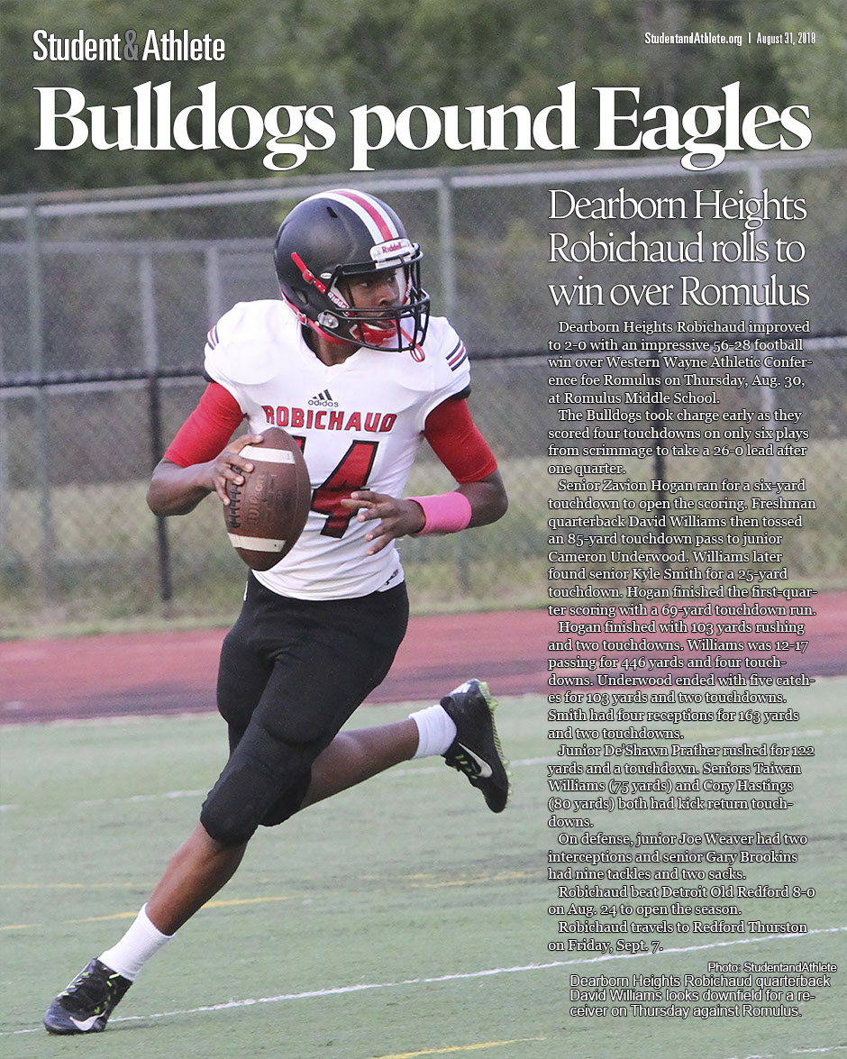 Dearborn Heights Robichaud freshman quarterback David Williams was 12-17 passing for 446 yards and four TDs against Romulus on Aug. 30, 2018.