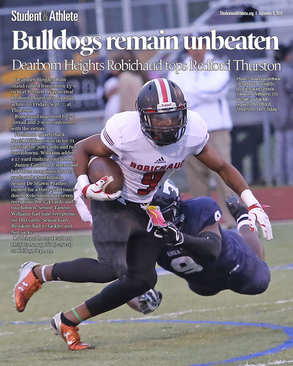 Dearborn Heights Robichaud senior Taiwon Williams (9) breaks a tackle against Redford Thurston on Friday.